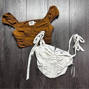 Princess Polly Brown and White Ruched Crop Tops Lot of 2